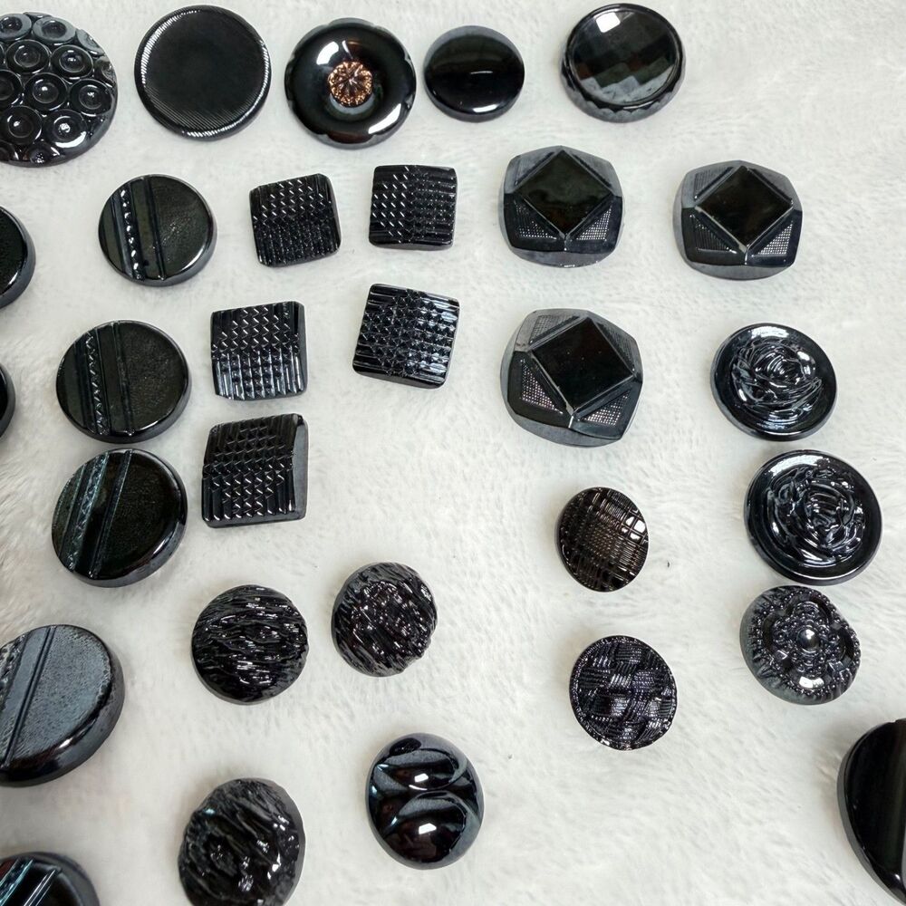 40 Vintage Black Glass Buttons Mixed Lot Assorted Shapes Sizes Shank Sewing